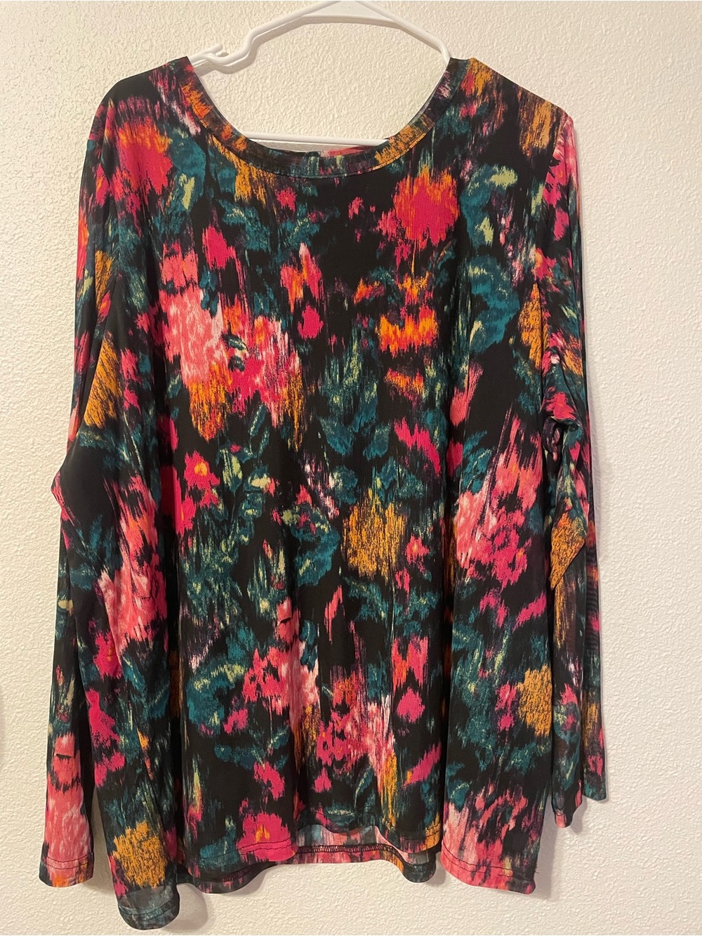 Terra & Sky Black Long Sleeve Top with Pink, Teal & Gold Floral Brushstrokes